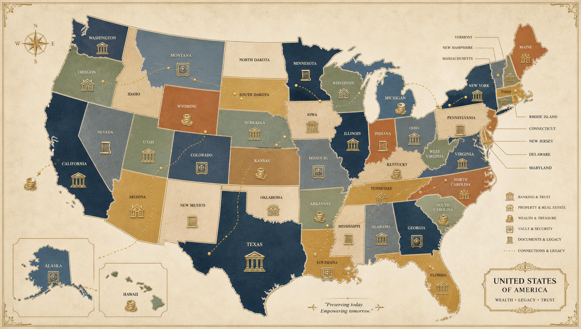 Illustrated map of all 50 United States with icons marking unclaimed bank funds, properties, treasure, vaults, and inherited estates